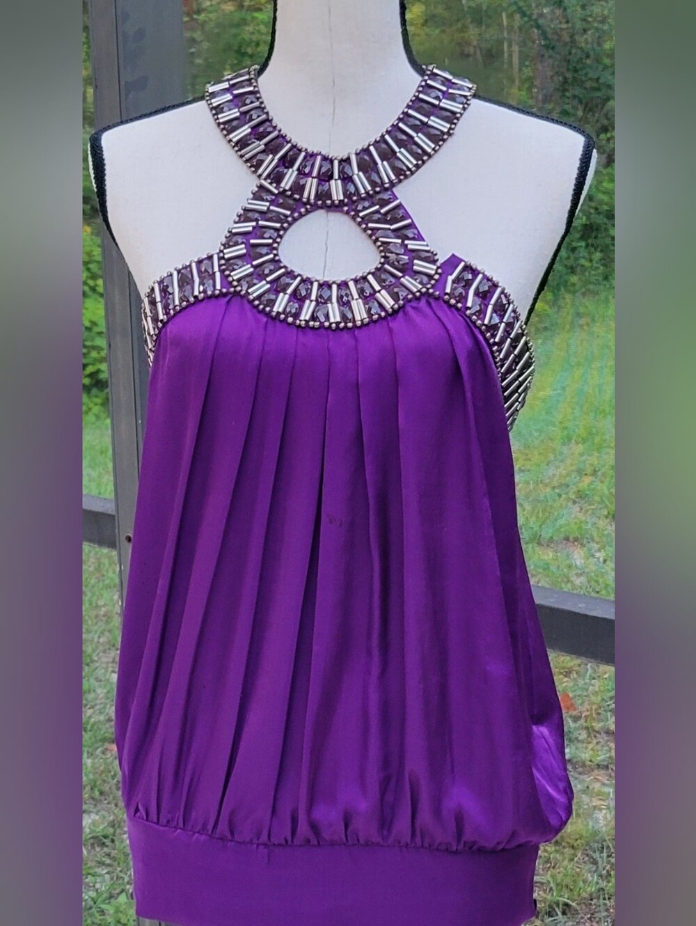 Bebe 100% Silk Purple Jeweled Halter Top S Beaded Keyhole Y2K Party Blouse